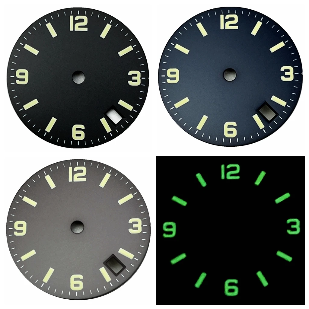 NH35 Sterile 28.6mm Watch Dial Black/Blue 3.8 o\'clock Date Window Green Luminous Automatic Movement Watch Accessories Parts