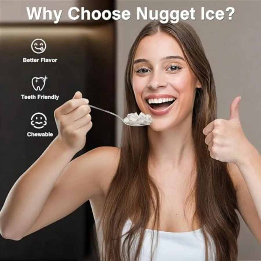 Countertop nugget ice maker for camping/RV/party: stainless steel black, 34 lbs/24h output, self-cleaning, one-click operation,