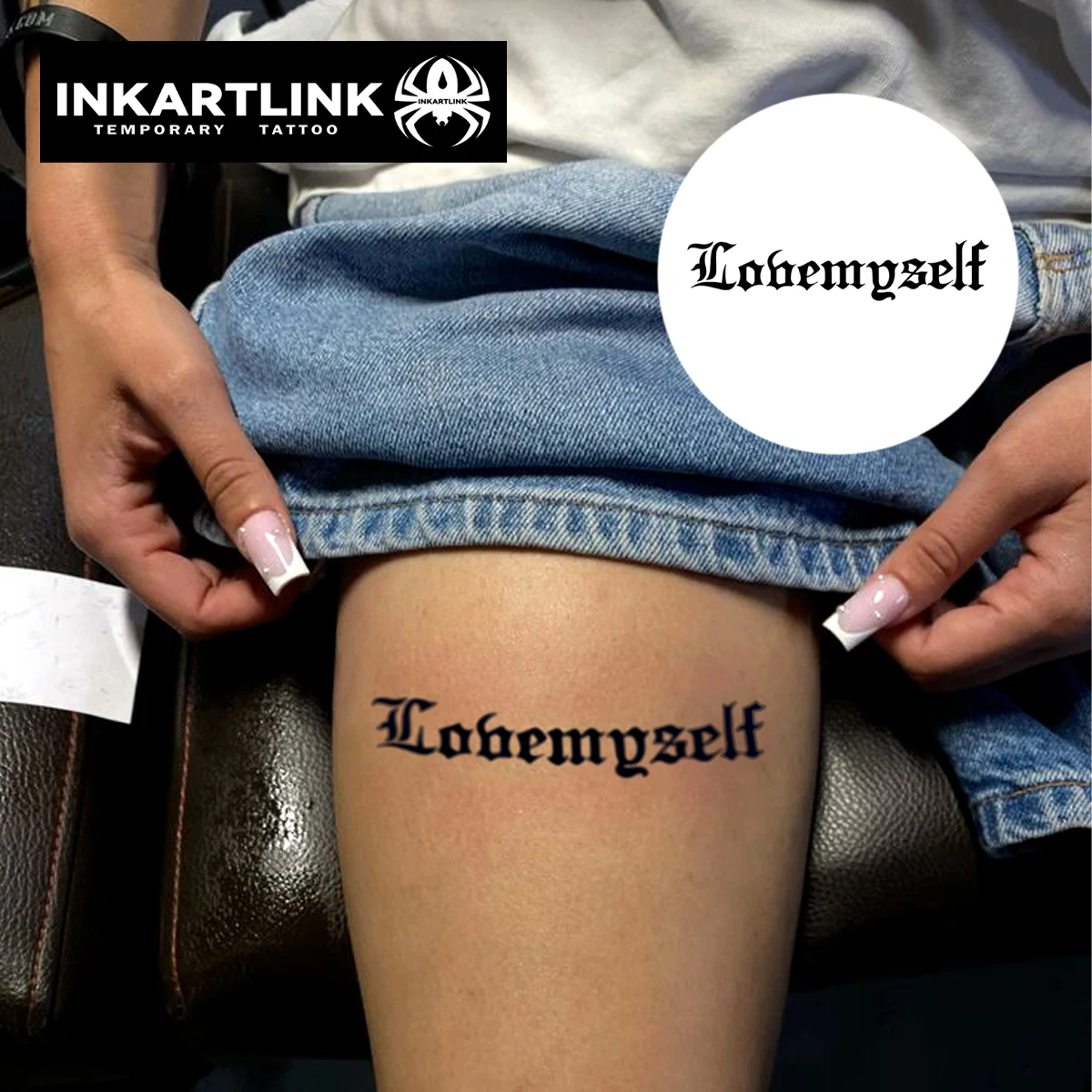 INKARTLINK Gothic English Tattoo Patch 1-2 Weeks Long Lasting 'LOVE MYSELF' Retro Font Waterproof Temporary Tattoo