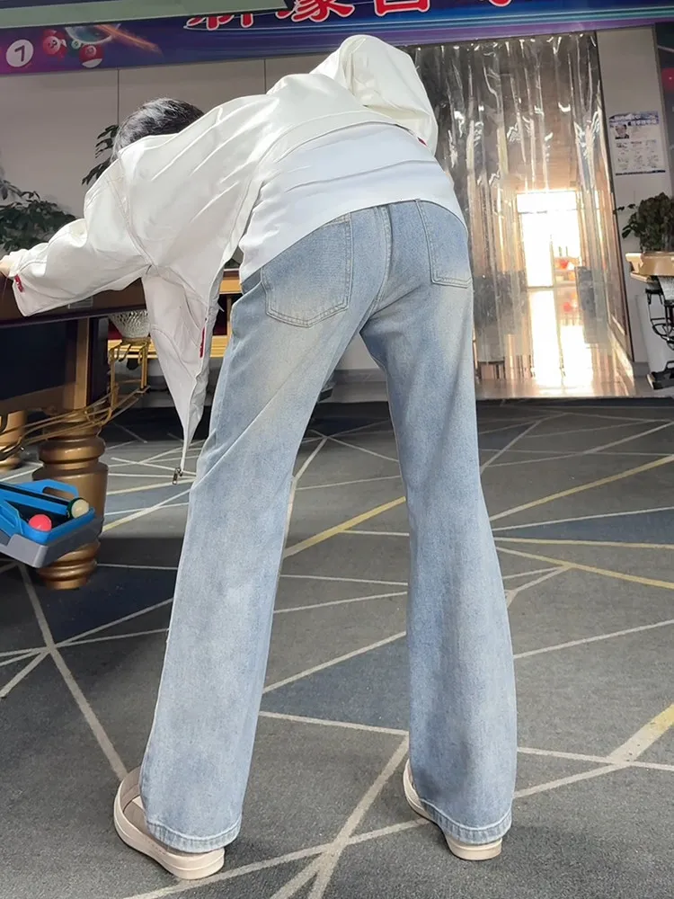 

Retro Blue Waed adient Knife Jeans Men's High Street Straight CleanFit Slim Micro Flare Pants Youth Trend Denim Jeans