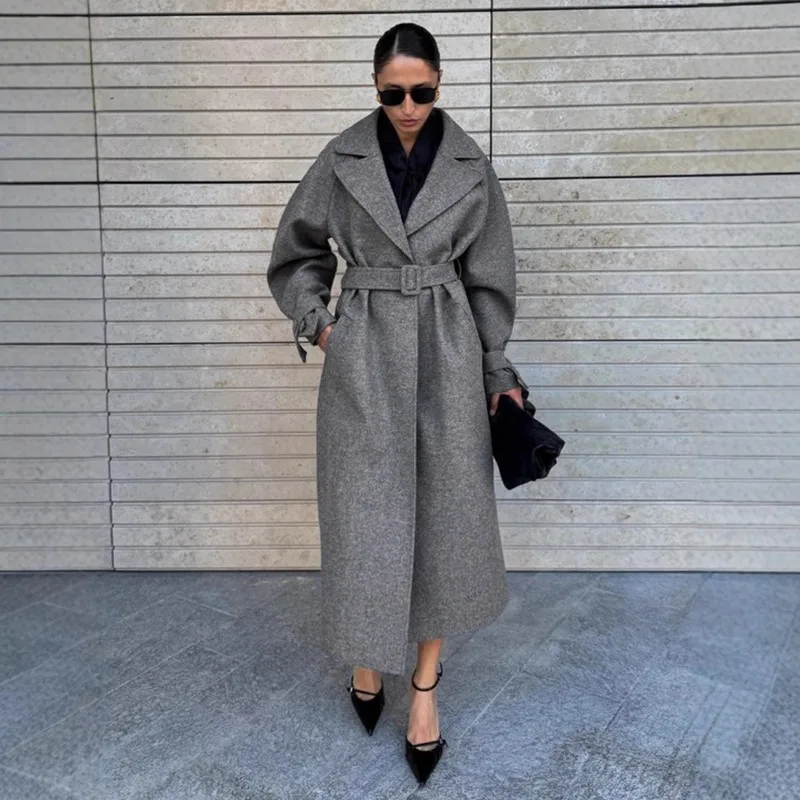 

2025 Belt Patchwork Long Sleeve Cardigan Chic Tweed Outwear Winter Long Wool Coat Women Solid Thickened Warm Pike Coat