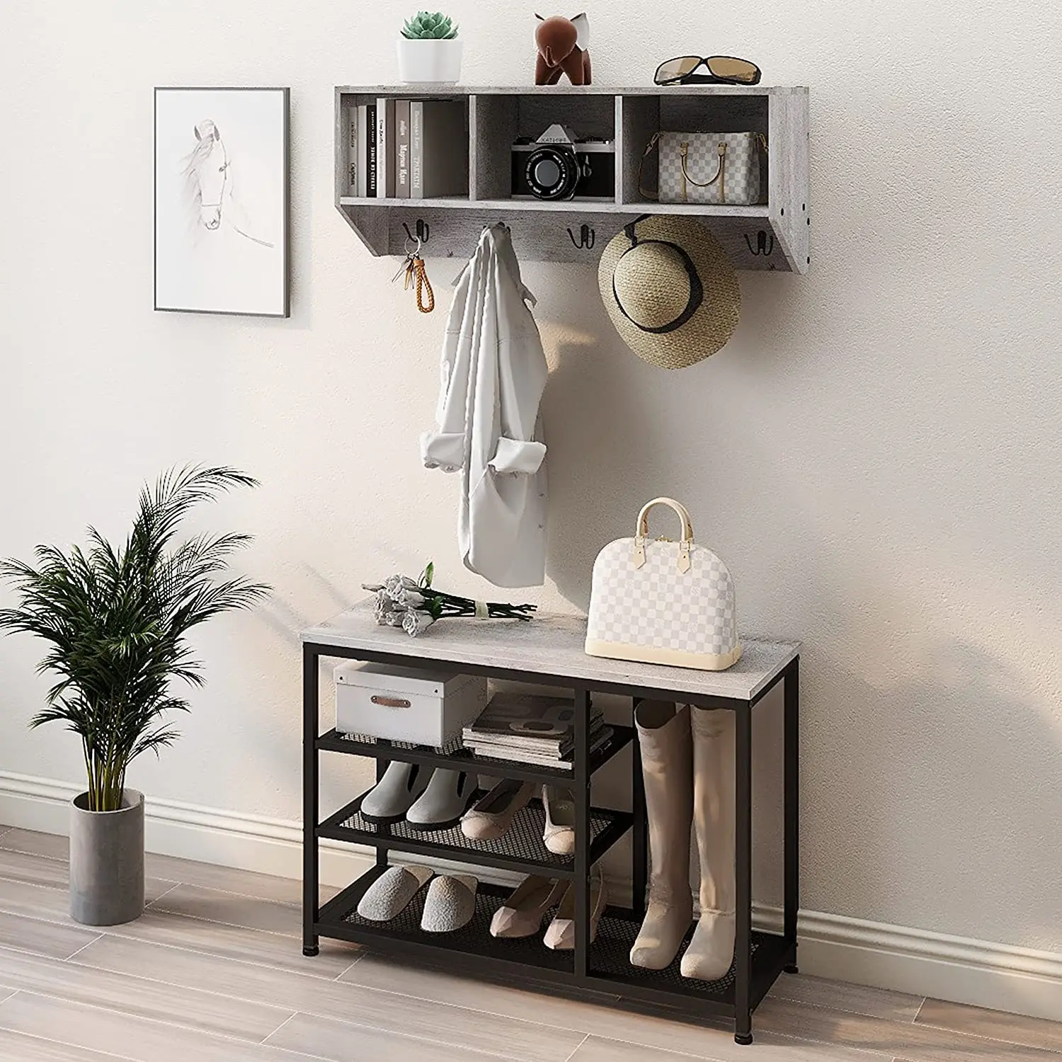 

Entrance coat rack shoe stool set with hanging storage cabinet and four-layer storage display rack