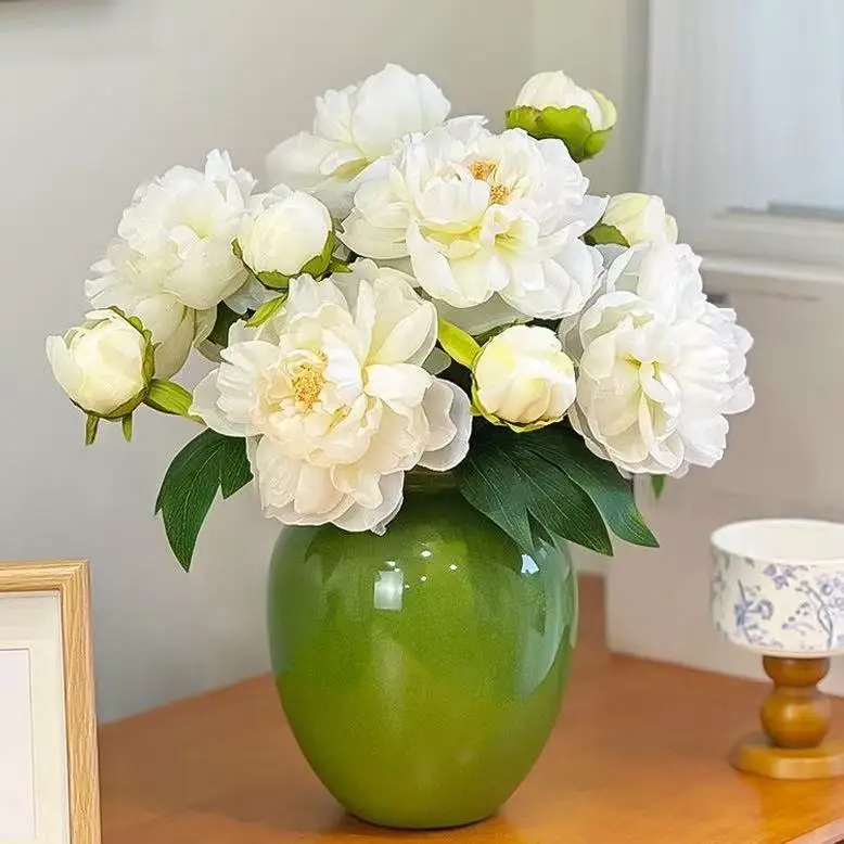 

38X21.5X15.5CM White Peony Artificial Flower Ceramic Vase for Living Room and Room Light Luxury Floral Decorative Bouquet