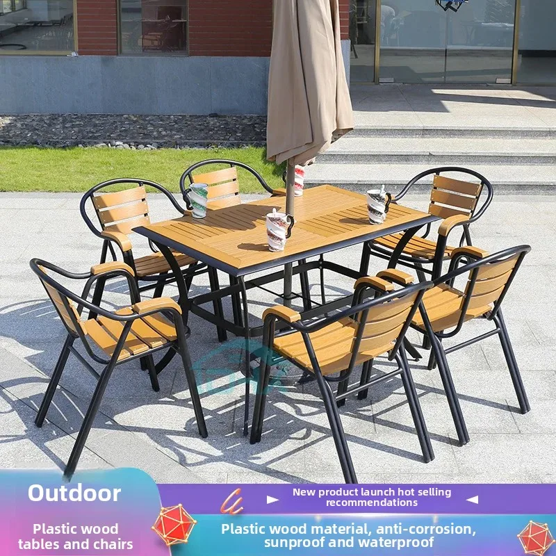 في الهواء الطلق البلاستيك طاولات خشبية الحليب الشاي متجر كراسي خارجية فناء مع مظلة شرفة المضادة للتآكل كرسي الاستجمام مقاوم للماء #1