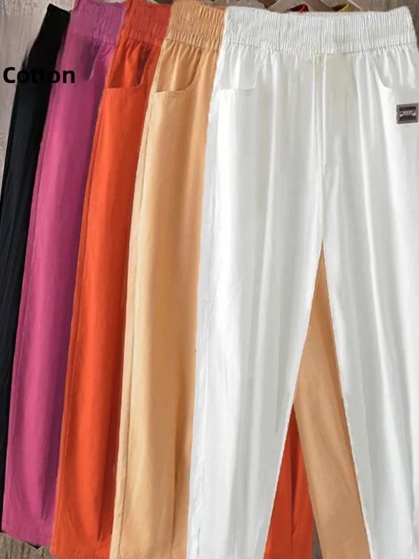 

Летние хлопковые и льняные свободные повседневные брюки Harlan с высокой талией и девятью очками, женские тонкие модели Harlan, брюки с эластичной резинкой на талии