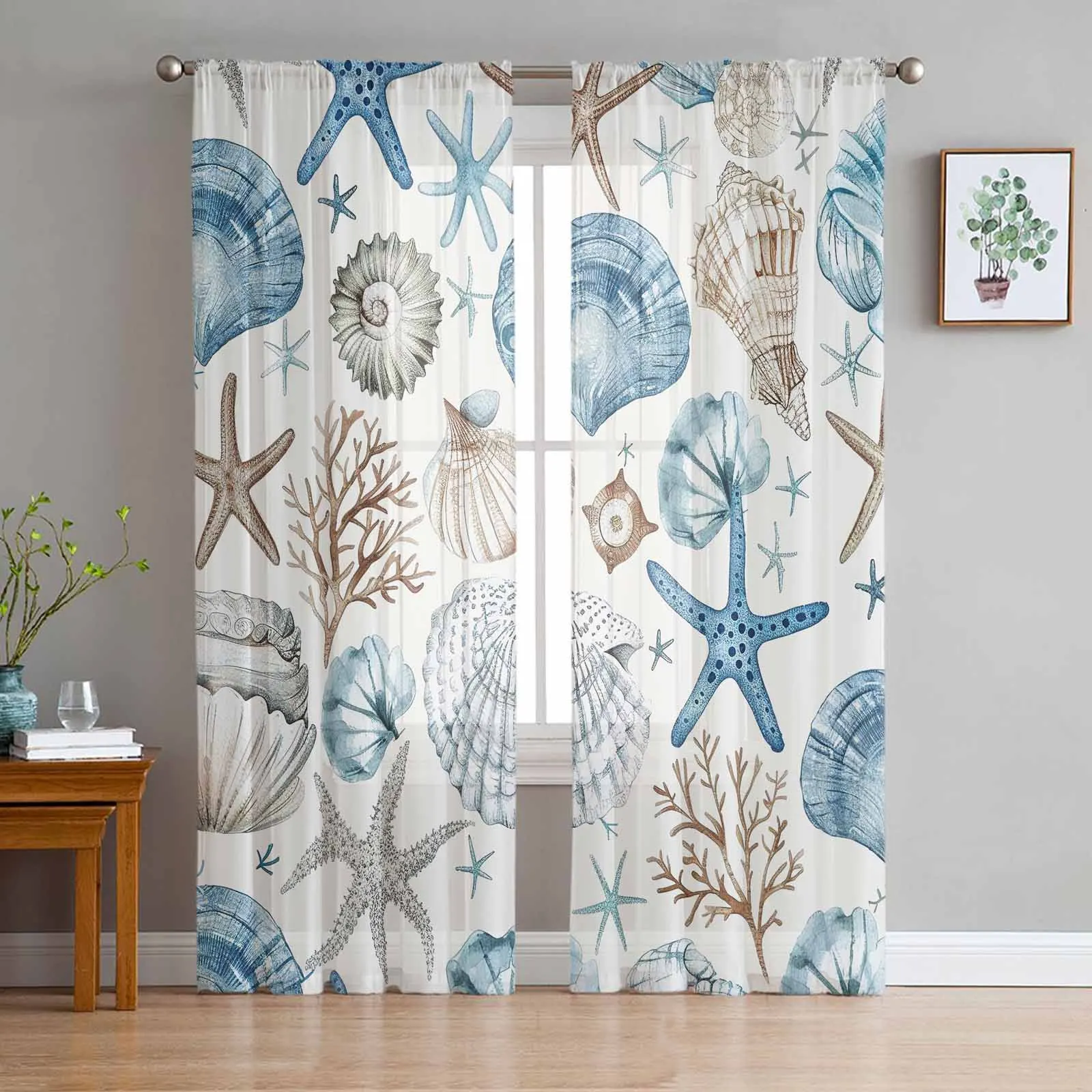 

Marine Coral Shell Starfish Blue Series Sheer Curtains For Living Room Modern Valance Curtains For Kitchen Tulle Curtains