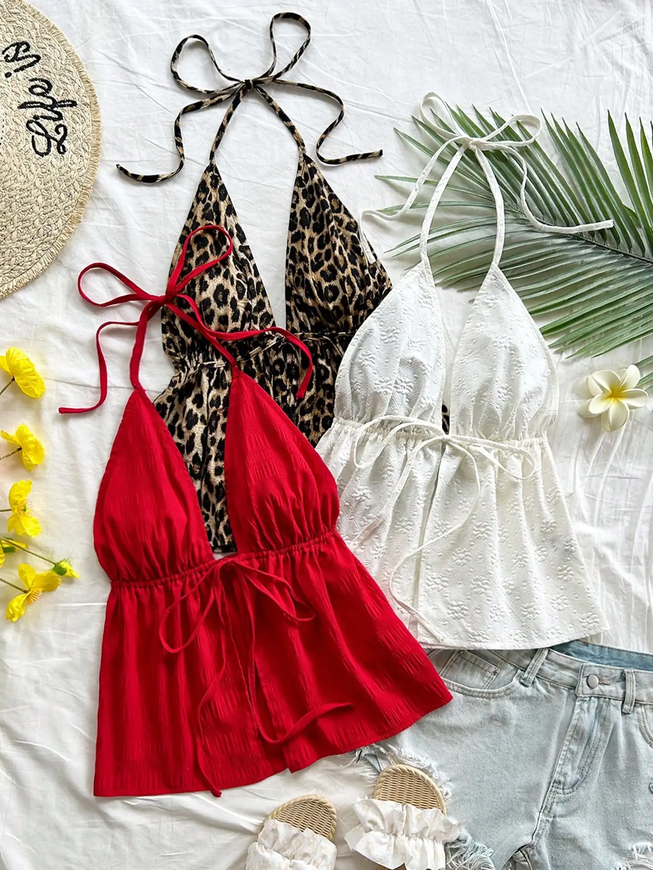 

Boho Leopard & Solid Cami Tops with Tie Straps, Backless Design for Beach, Vacation, Brunch