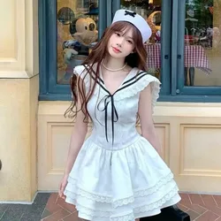 Japanese Preppy Style Lolita Dress Women Kawaii Lace Sailor Collar Slim Bandage Princess Dresses Female Sweet Party Mini Dresses