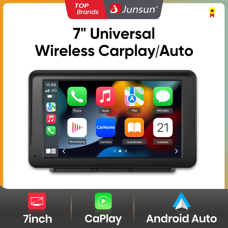 Junsun 7 Inch Portable Car Stereo Wireless Apple CarPlay Android Auto Magnetic Mount Touch Screen GPS Navigation Bluetooth FM Transmitter Mirror Link USB Type-C Voice Control Horizontal Vertical Display Universal Auto Multimedia Player