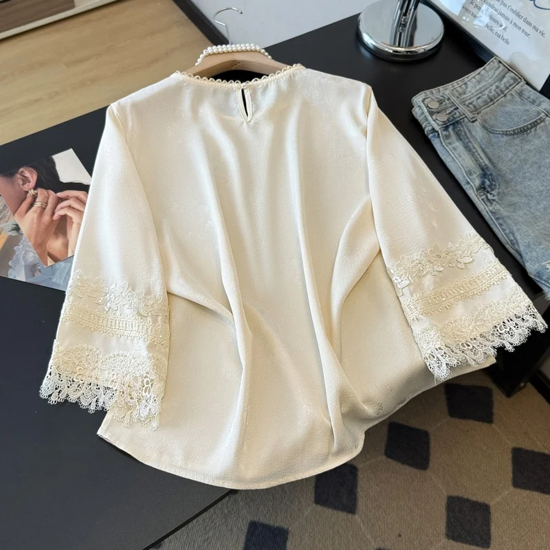 New Chinese Style round Neck Heavy Embroidery Lace Sleeve Mid-Sleeve Top Autumn Style Traditional National Stage Costume Women