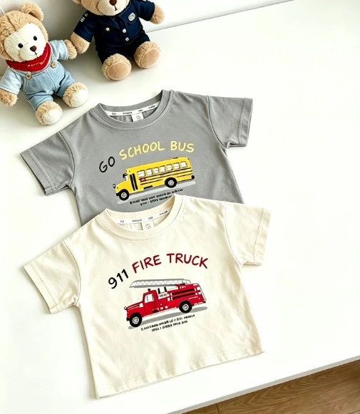 Children Multi Color Vehicle T Shirt Police Car School Bus Prints Comfortable Cotton Tops For Everyday Use Toddler Thin Tees