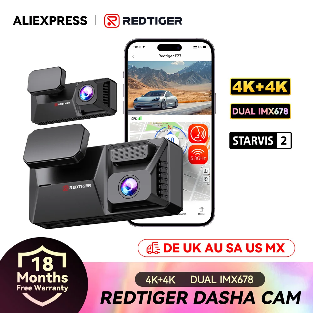 REDTIGER F77 Dashcam Front and Rear 4K+4K HDR Dual Dash Cam with Sony STARVIS 2 Super Night Vision Voice Control 5.8Ghz WiFi