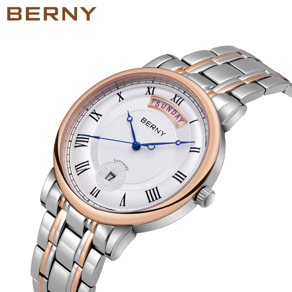 

BERNY Quartz Watch for Men Ancient Coins Fortune Totem Dial Day Date Sapphire Stainless Steel Wristwatch Luxury Watches for Men