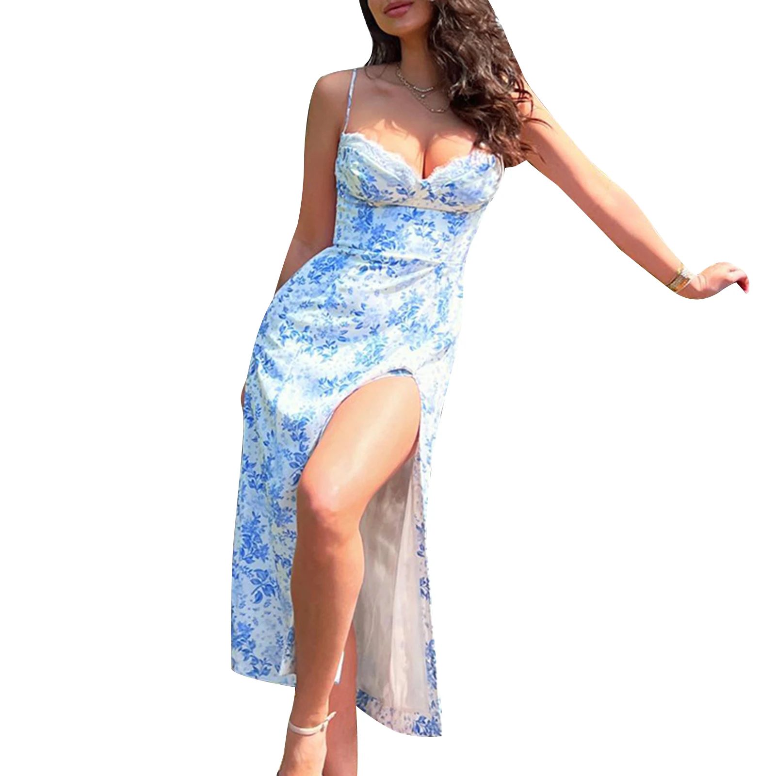 Women Floral Print Split Camisole Bodycon Vintage Sleeveless