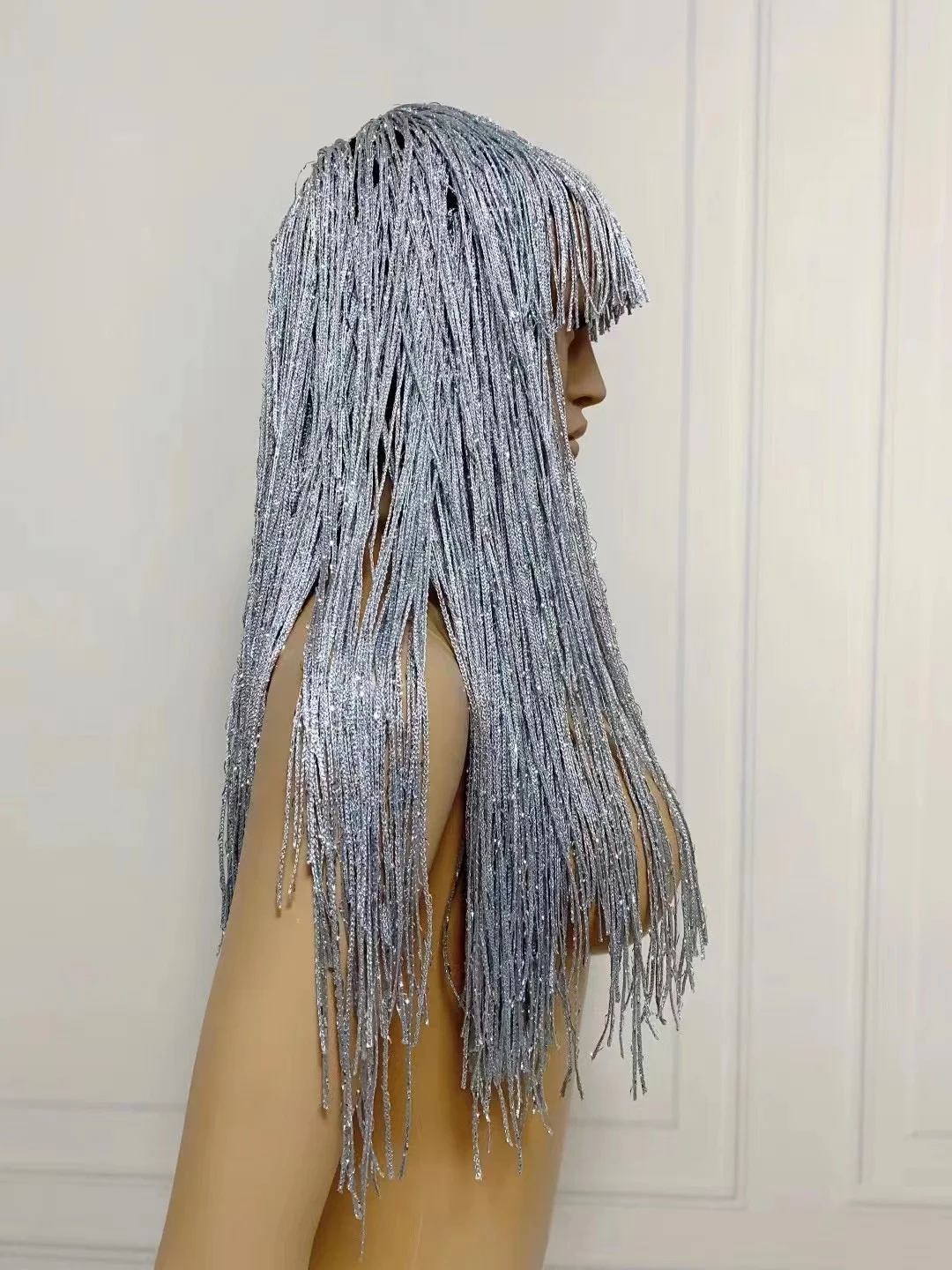 New Sexy Silver Sequin Tassel Wigs Glove Set Women Birthday Party Fringes Headwear COS Long Wig Dance Performance Accessories