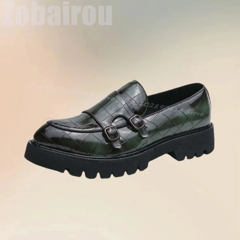 Green Crocodile Print Buckle Decor Double Monk Loafers Fashion Slip On Men Shoes Luxury Handmade Party Banquet Men Casual Shoes