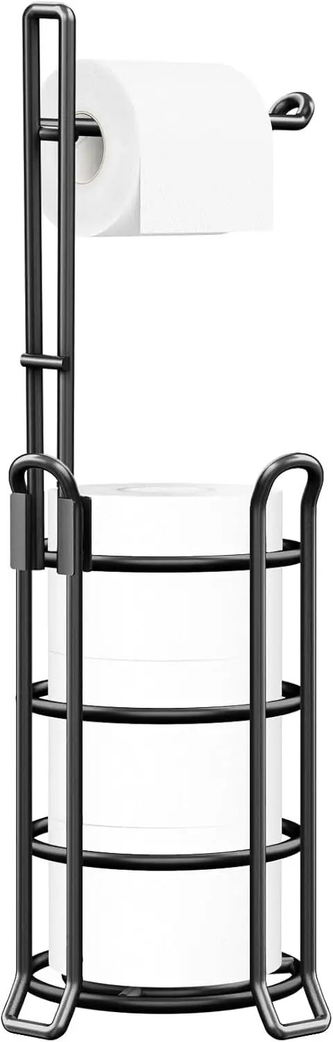 

Toilet Paper Holder for 3 Spare Rolls, Free-Standing Metal Wire Tissue Dispenser with Storage Shelf, Bathroom Accessories Black