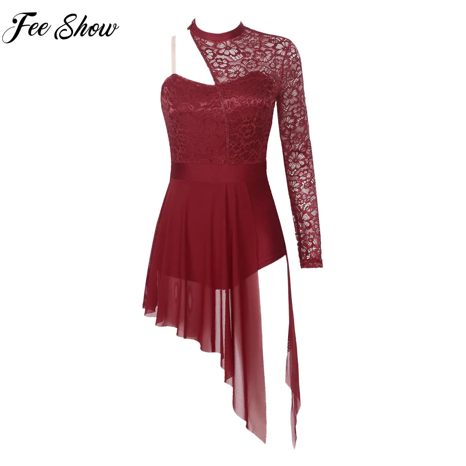 

Women Lace Lyrical Dance Dresses One Shoulder Split See-through Mesh Leotard Dresses Figure Skating Performance Fashion Costumes