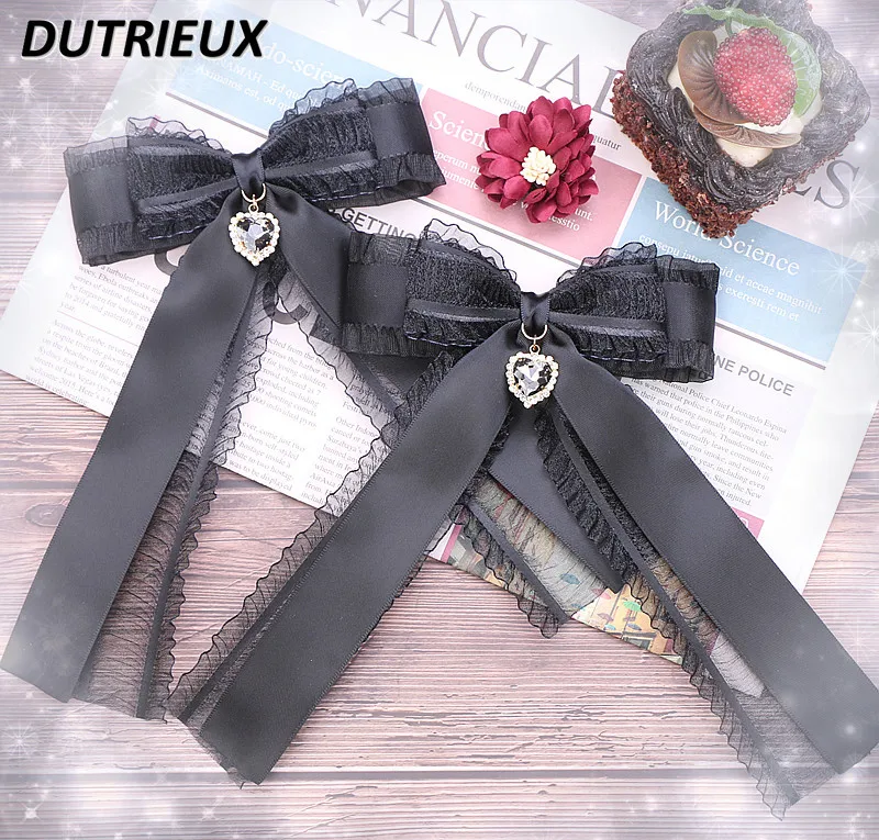 Handmade Japanese Style Sweet Cute Preppy Style Barrettes Women Lolita Bow Girl Love Pendant Black Bow Tie Pin Hair Accessories