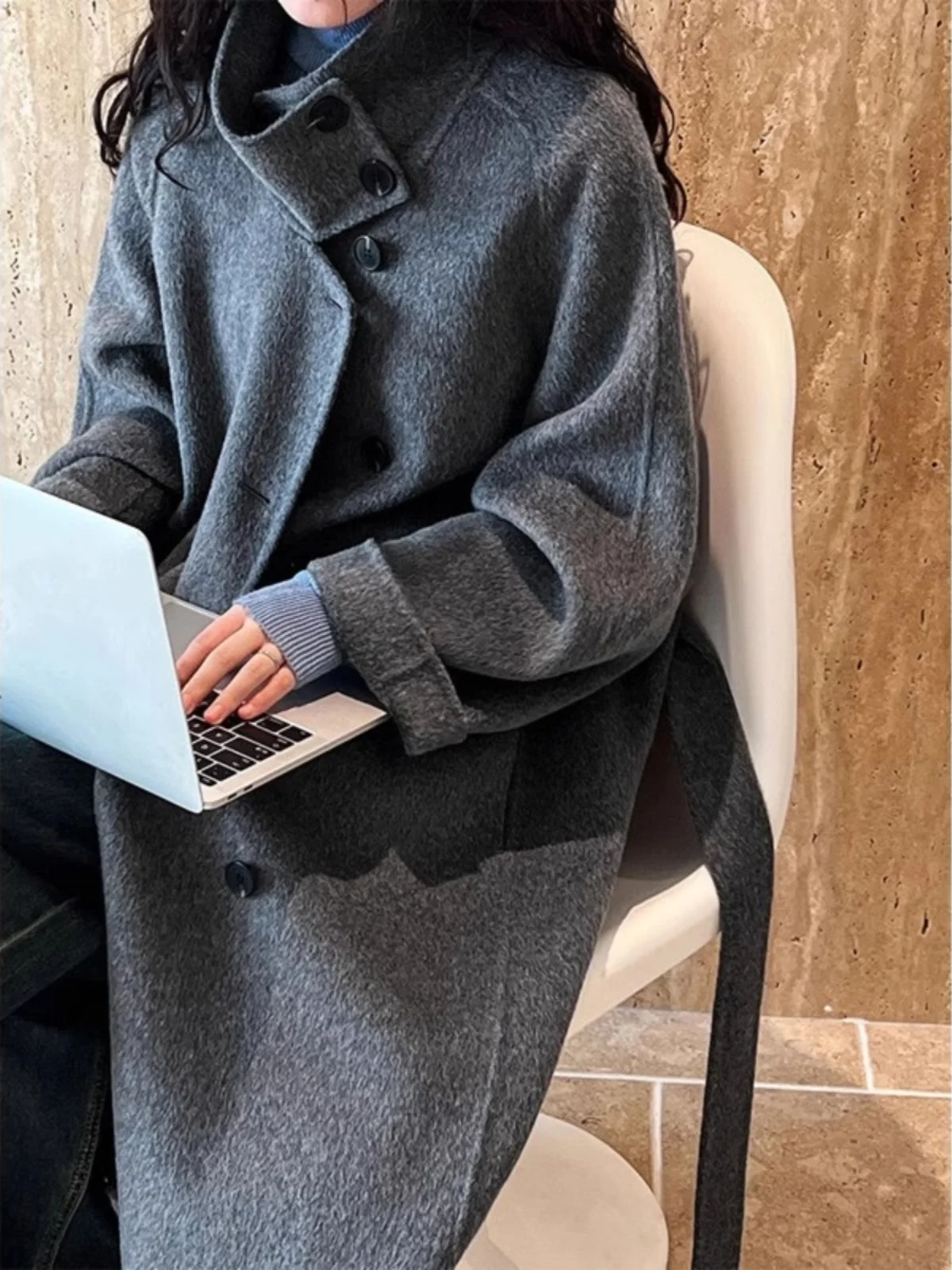 2025 Herbst Winter Damen Wollmantel mit Stehkragen Locker Geschnitten Koreanischer Stil Mittellanger Modischer Oberbekleidung