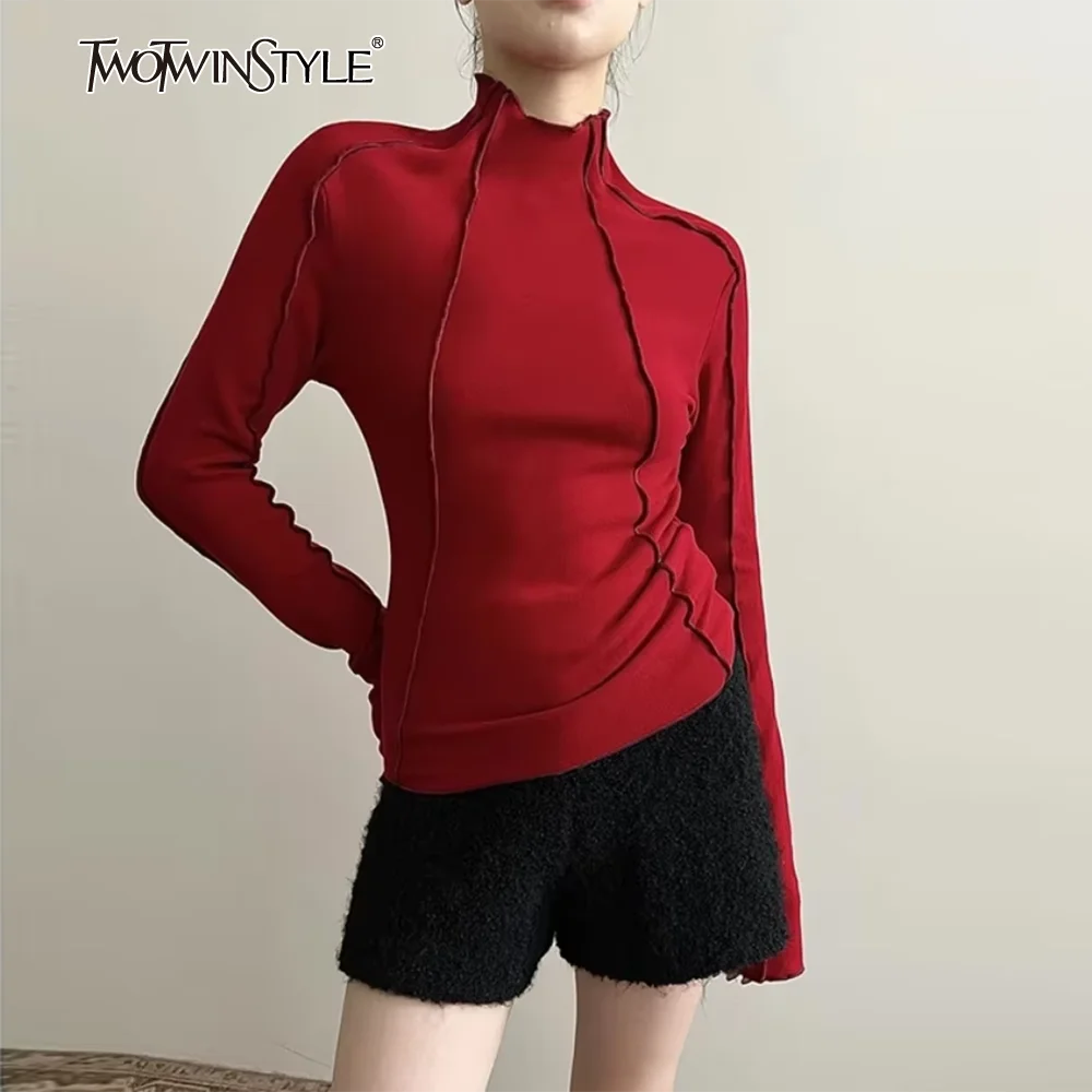 

TWOTWINSTYLE однотонная повседневная футболка для похудения с круглым вырезом и длинным рукавом, минималистичный темперамент, элегантные женские футболки