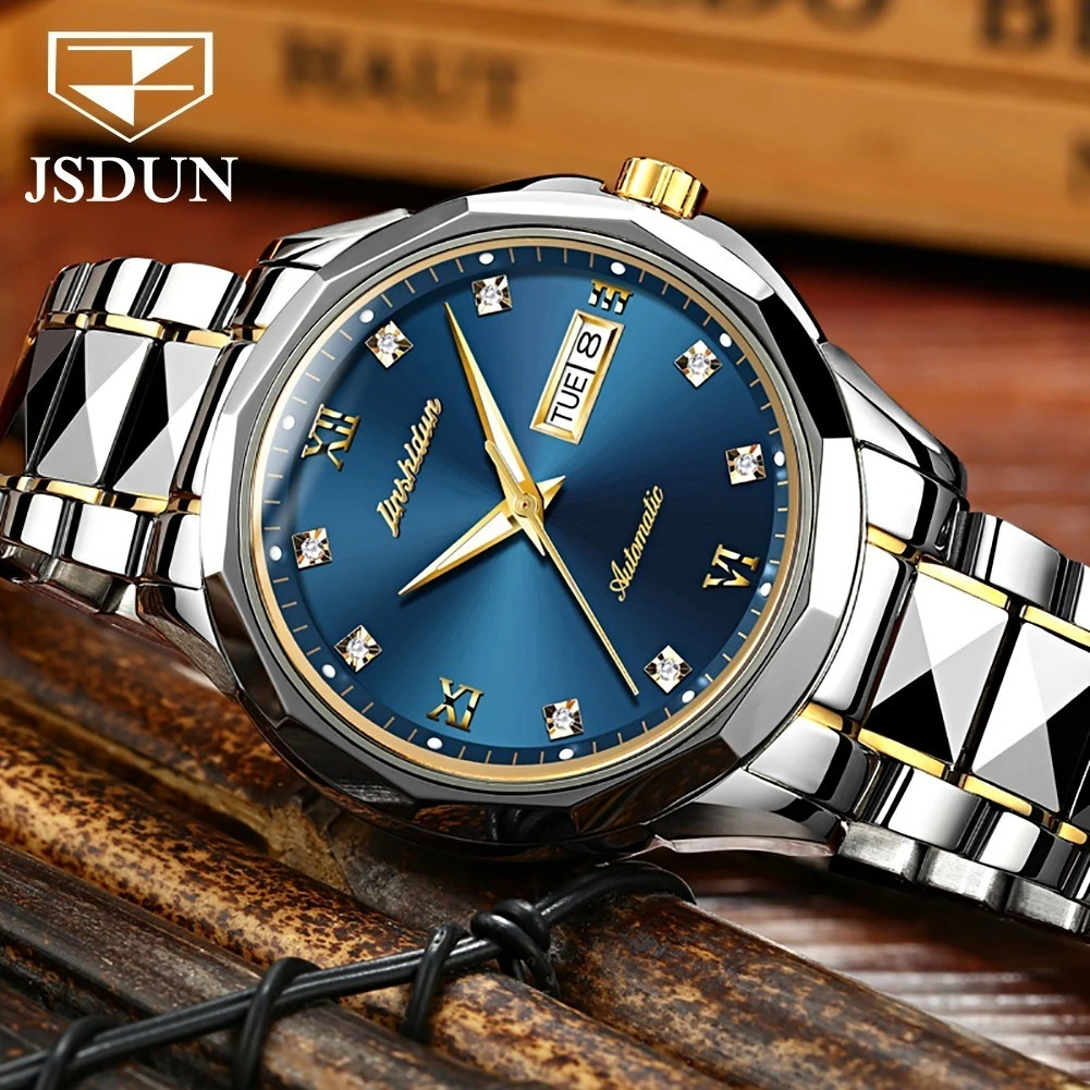 

JSDUN 8813 Mechanical Business Watch Gift Round-dial Tungsten Steel Watchband Week Display Calendar