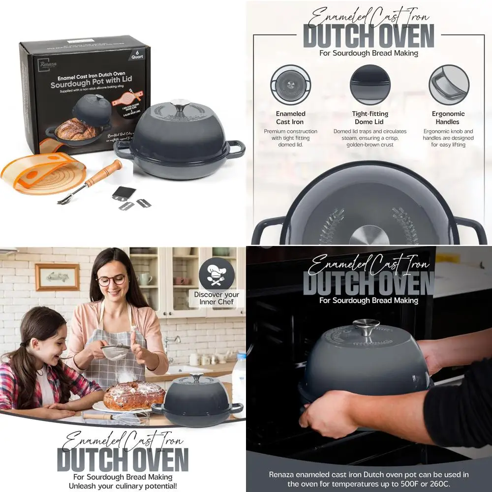 

6-Quart Grey Cast Iron Dutch Oven with Lid - Perfect for Sourdough Bread, Includes Bread Lame & Silicone Sling