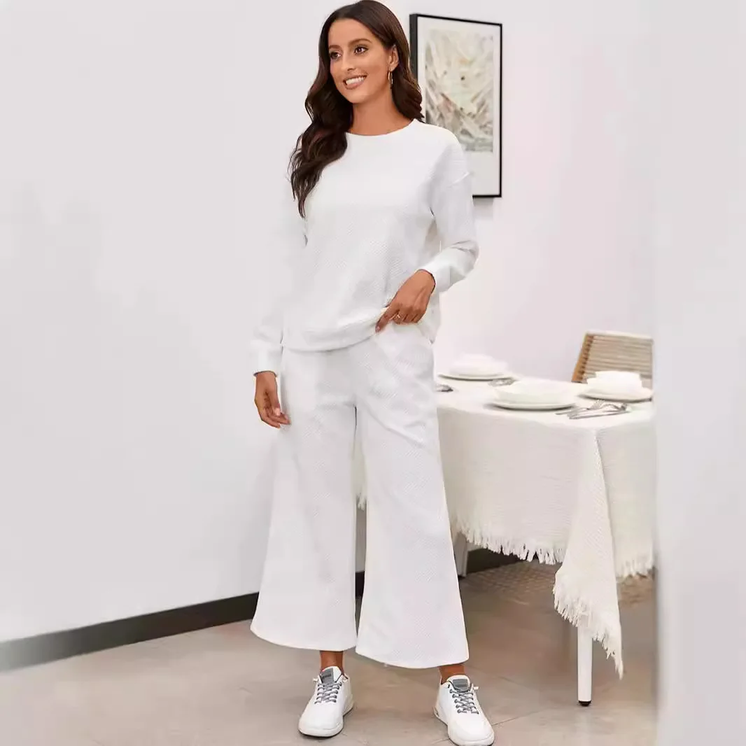 

Осень 2024, однотонная текстура, повседневный свободный комплект из двух предметов, женский модный комплект, широкие брюки, длинные све, девять очков