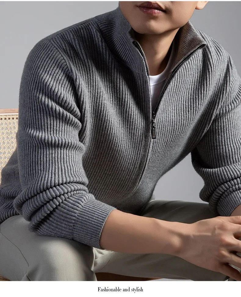 

High Luxury Thick Wool Blend Cardigan Men 2025 Winter Classic Stand Collar Knit Coat Male Trendy Warm Zipper Sweater Outwear