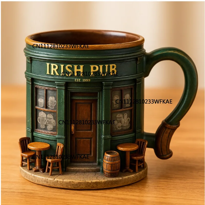 3D Irish Pub Pattern Stainless Steel Mug - Home Bar Resin Craft Ornament Beer Coffee Drinking Utensil - Xmas Holiday Gift