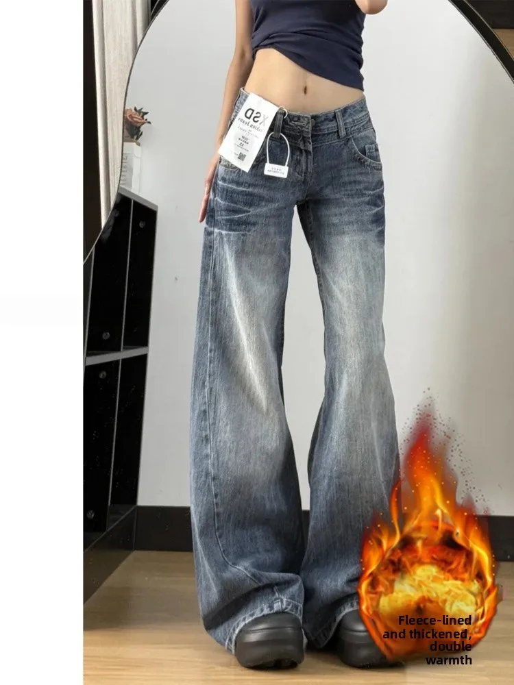 

Американские джинсы с широкими штанинами и флисовой подкладкой, женские, больших размеров, свободные, слегка расклешенные, повседневные, с высокой талией, из денима