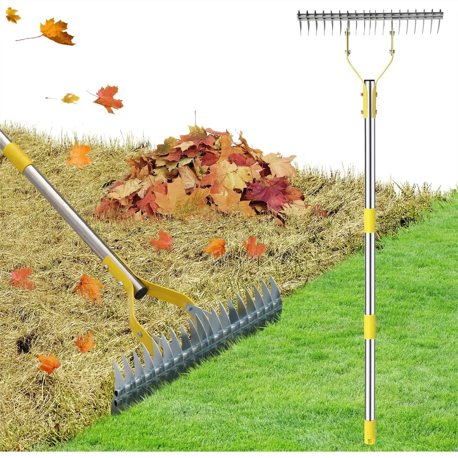 

2-in-1 Stainless Steel Garden Rake for Thatch and Leaves, 55" Heavy Duty 19 Tines Lawn Dethatcher with Adjustable Head