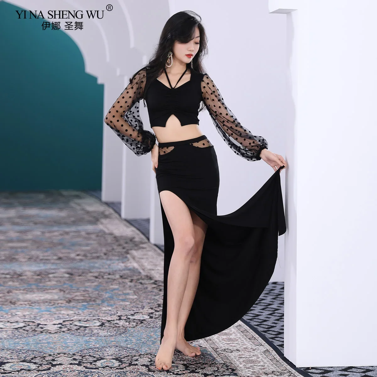 Belly Dance Suit Clothing Female Practice Suit Oriental Dance Suit Beginner Long Skirt Lantern Sleeve Top Performance Clothing