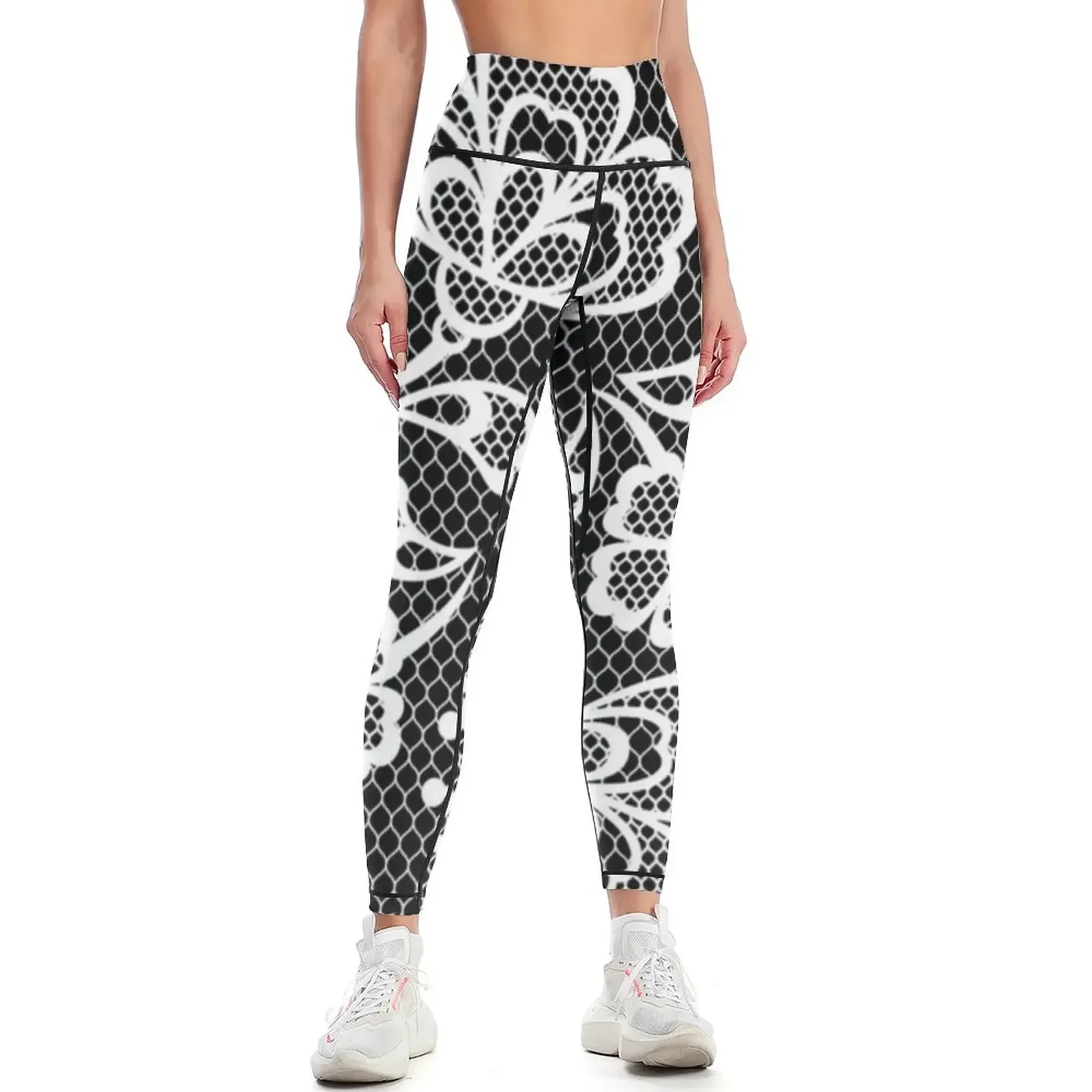 Floral Black and White Lace Leggings gym womans sportswear for gym Pants sport Women's high waist Womens Leggings