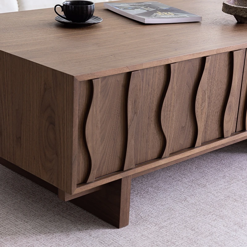Mid-century stijl massief houten salontafel woonkamer zwart walnoot log eenvoudig licht luxe leisteen theetafel thuis klein appartement