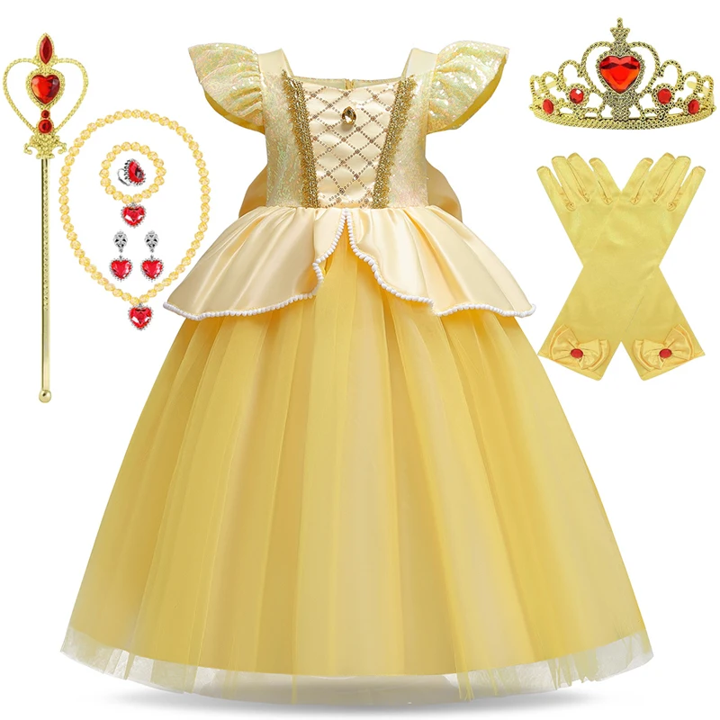 Girls Cosplay Princess Beauty And Beast Costume Belle Cinderella Rapunzel Praty Luxury Wedding Ball Gown Kids Carvinal Clothes