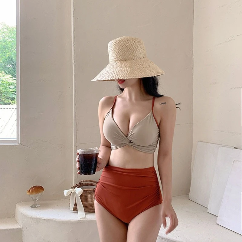 新しいハイウエストビキニセット - プッシュアップパッド入りスモールバスト水着、お腹を引き締めるスリム水着、温泉や休暇に最適
