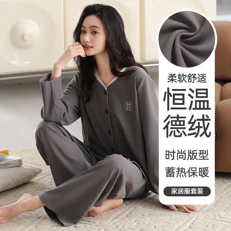 

Удобная одежда для сна, пижамы, осенне-зимний женский пижамный комплект, домашняя одежда, уютный толстый фланелевой комплект из двух предметов, домашняя одежда для девочек