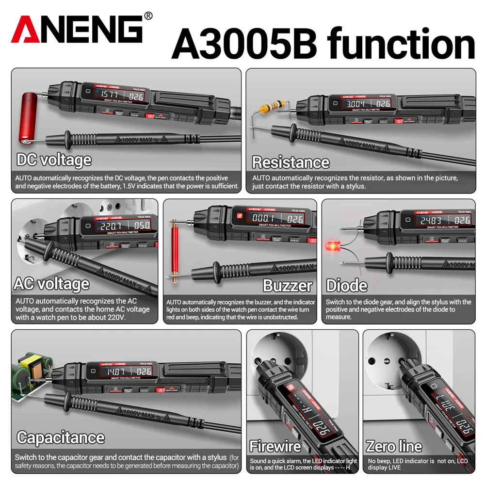 ANENG A3005B 6000 Count Professional Multimeter Pen Phase Sequence Detector AC/DC Voltage Meter Ohm Temp Diode Electrician Tools