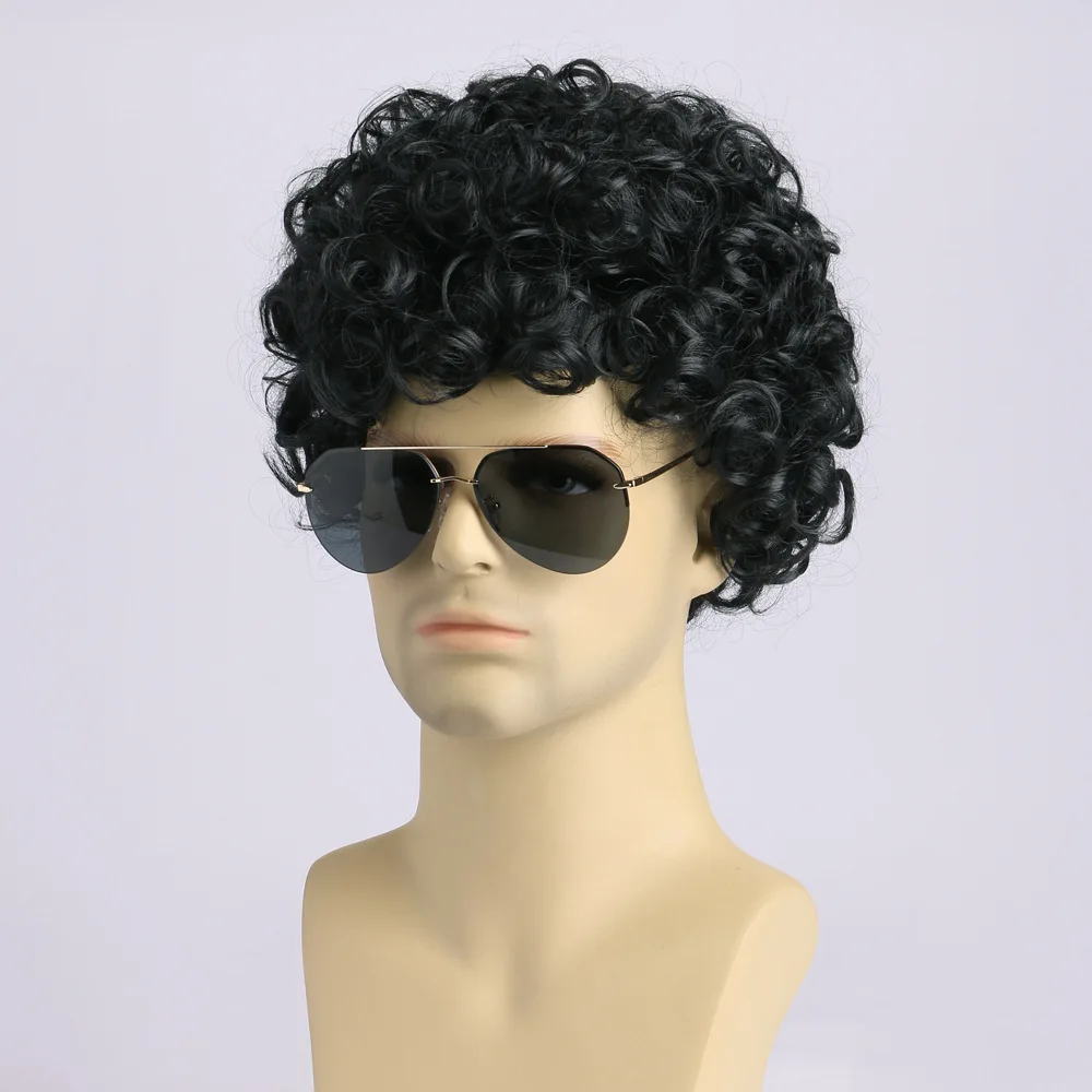 Synthetic Short Curly Wig Black Fake Hair Daily Party Cosplay Wigs for Man High Temperature Fiber