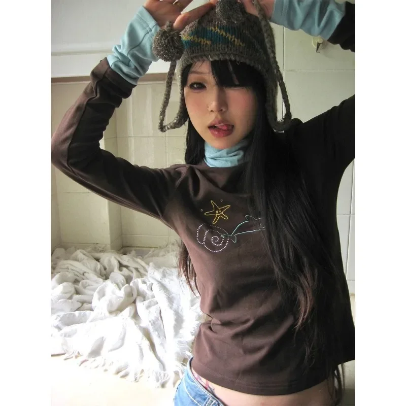 Dark Brown Y2K Crop Top Slim Fit Women's Tees
