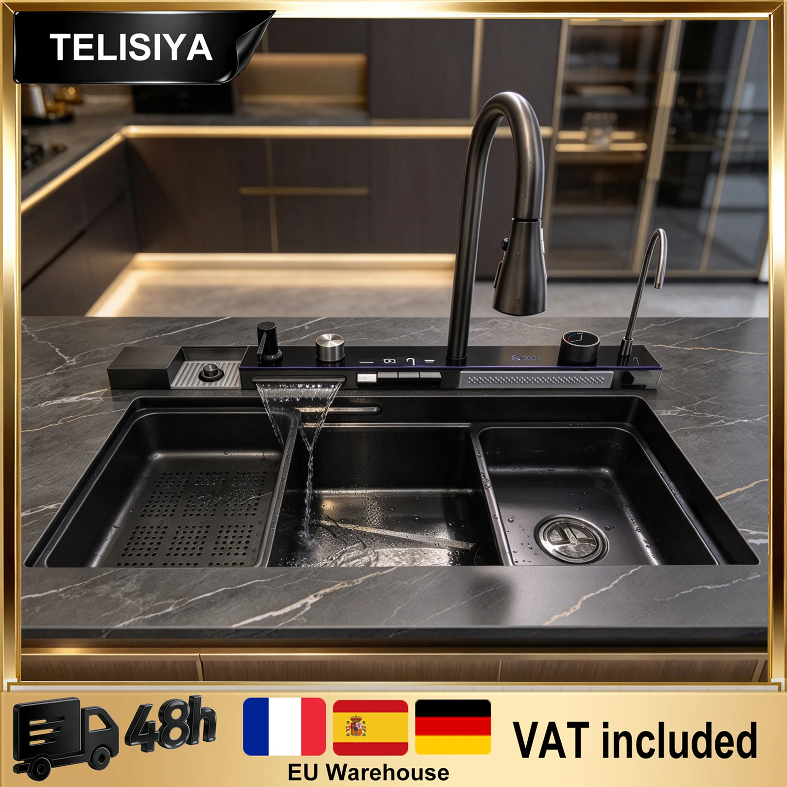 Modern Stainless Steel Waterfall Kitchen Sink Embossed Large Single Solt Wash Fruit Vegetables Multifunctional Dishwashing Sinks