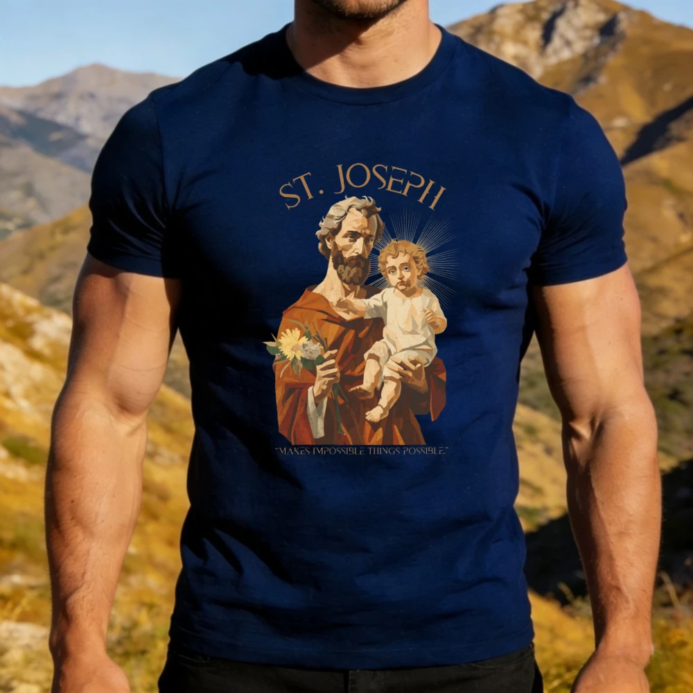 Saint Joseph and Baby Jesus Printed Tshirt St Joseph Makes Impossible Things Possible Shirt Christian Catholic Faith Religious T