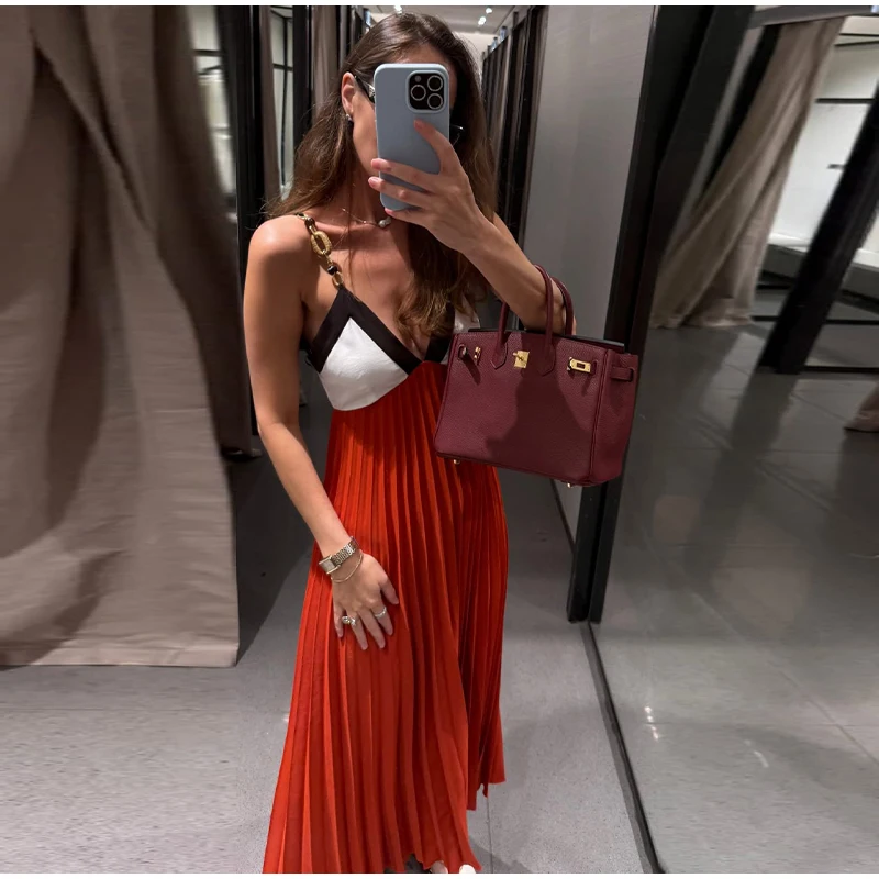 Kettenmuster-Maxikleid mit Spaghettiträgern, Farbblock-Design, V-Ausschnitt, A-Linie, Locker Geschnittenes Langes Kleid für Gäste und Partys, Sommermode 2026, Elegantes Abendkleid – Detail 5