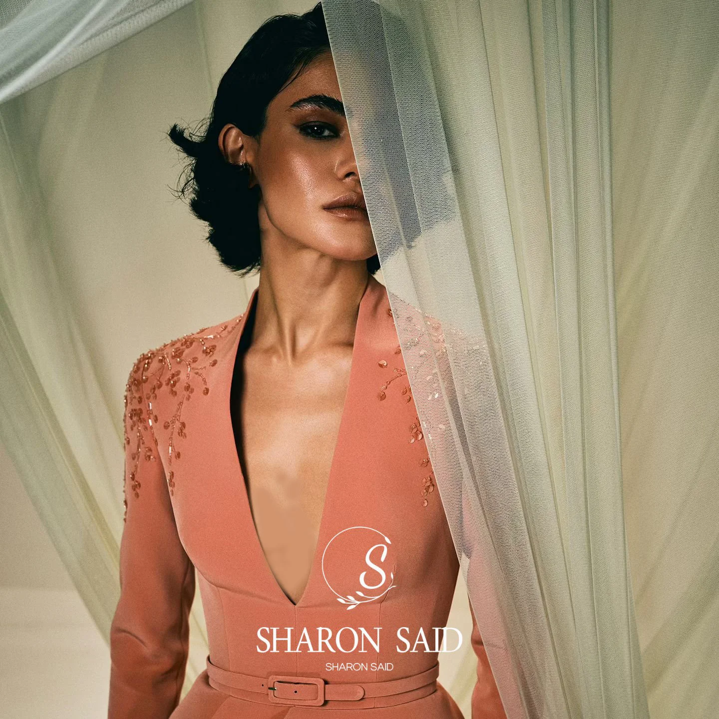 Sharon Said Dubai Orange Beading Evening Dresses with V-Neck Full Sleeve for Women Wedding Formal Gown SS216 Customized image 2