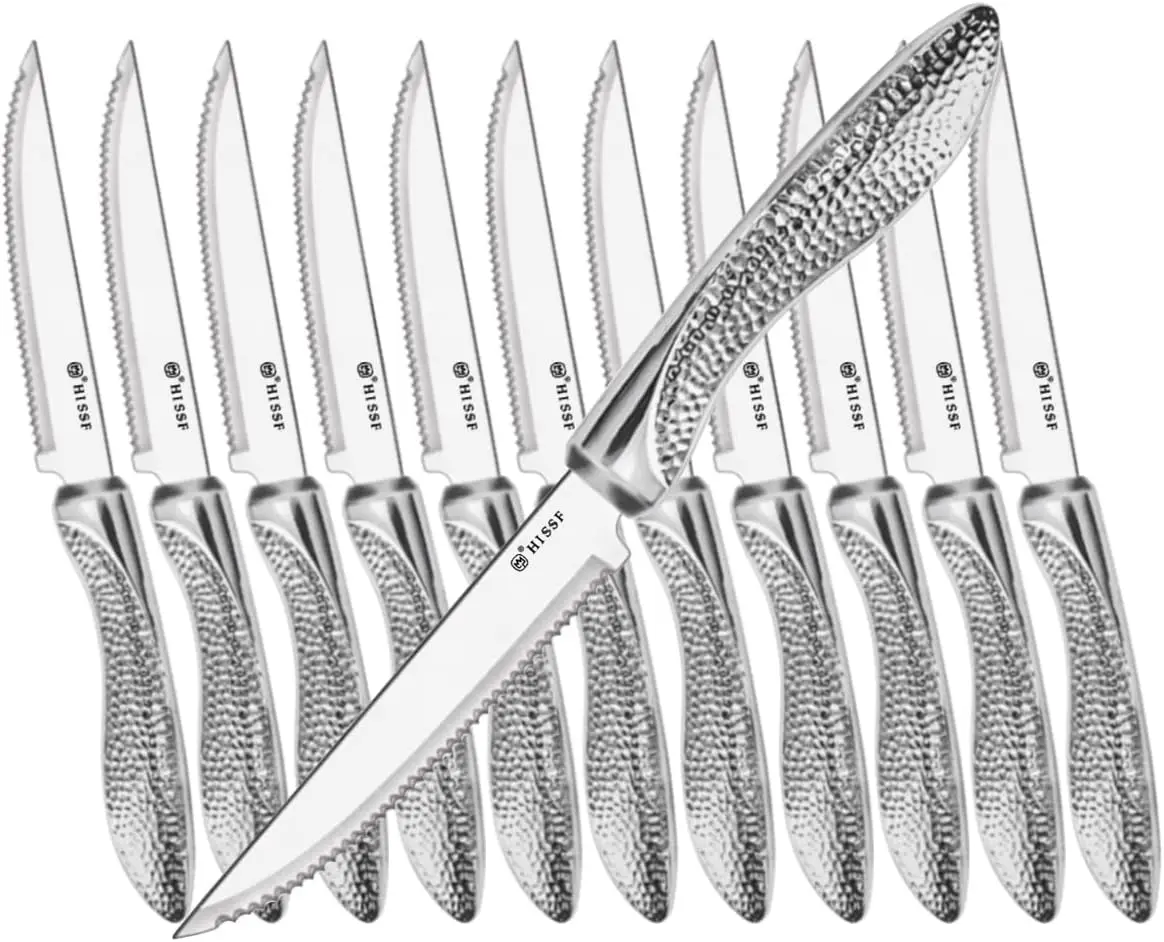 

Набор из 12 зубчатых ножей для стейка, острое лезвие из нержавеющей стали с кованой ручкой, можно мыть в посудомоечной машине