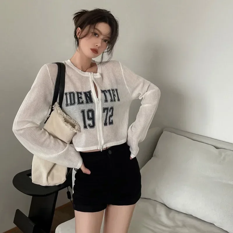 2024 Woment-shirt Loose Stretch Long Sleeve Zippper Crop Tops Streetwear Casual Jumpers Y2k Grunge Tops Letter Printed