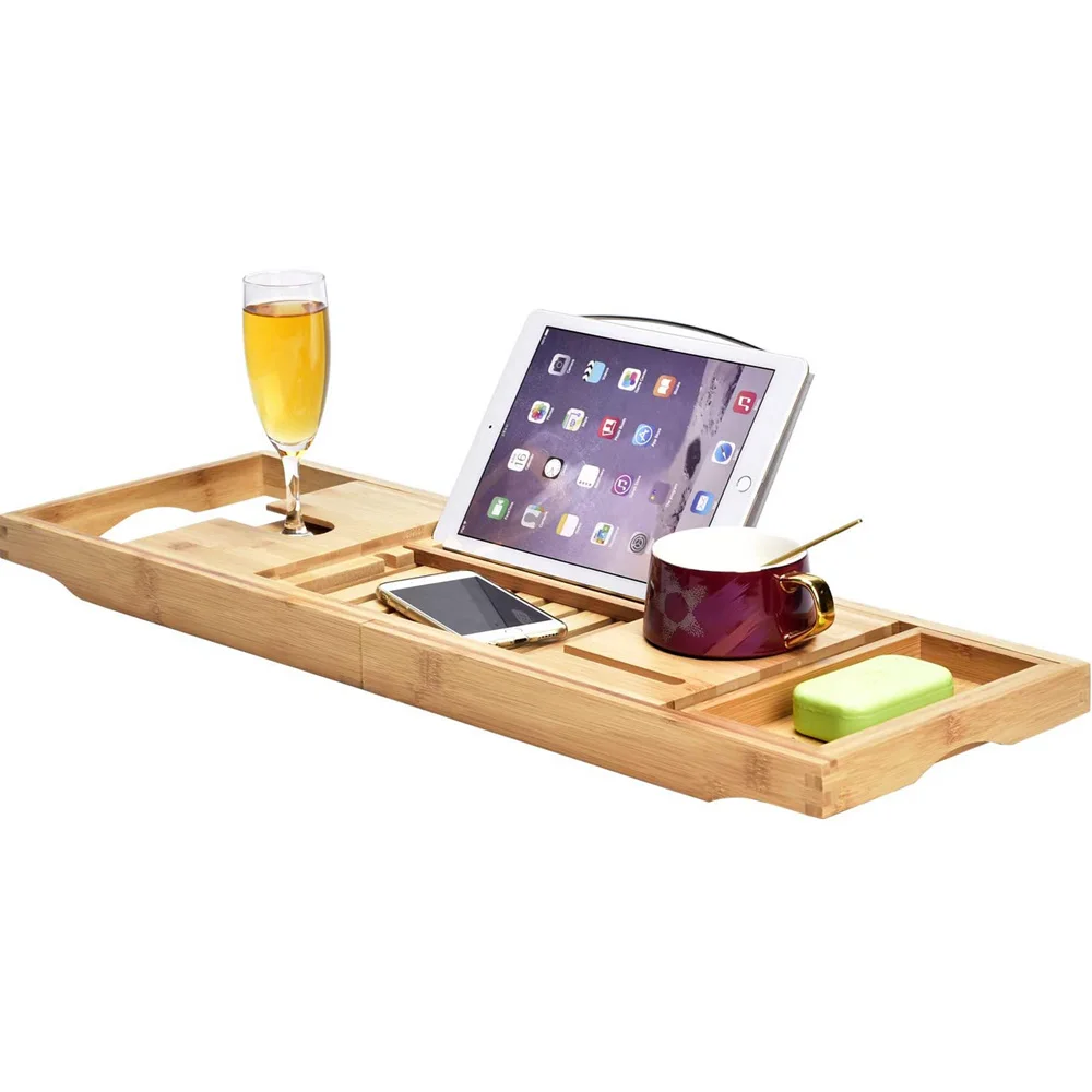 Bamboo Bathtub Caddy Tray with Wine Glass Holder,Book Stand Bathroom Bath Caddy Tray Organizer with Extending Sides