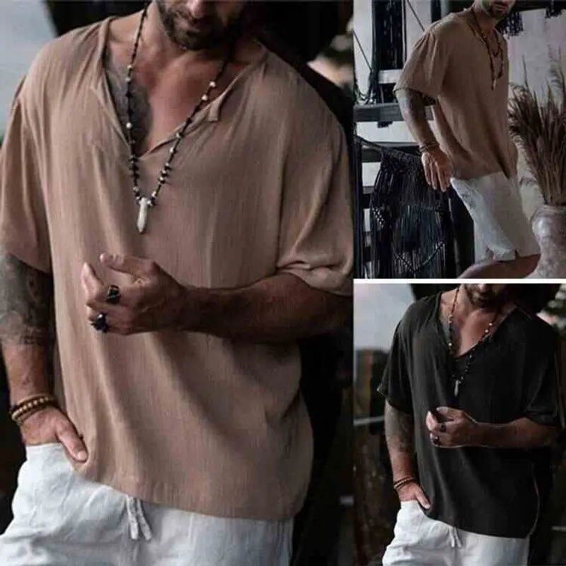 Summer Southeast Asia Street Trendy Men's V-Neck Shirt Casual RPET Regenerated Fabric 100% Cotton Short A-Line Vest Backless Top