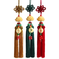 Chinese Knot Natural Obsidian Carved Lotus God of Fortune Amulet Lucky Pendant Silk Tassel Ornaments Gift keychain Jewelry
